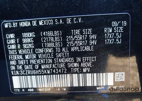 2019 Honda Hr-V Ex from USA, damaged, VIN 3CZRU6H55KM743472